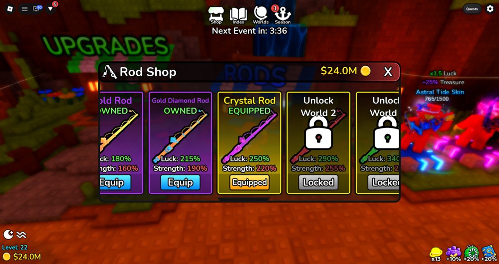 Deep Fishing Rod Shop with Crystal Rod equipped and higher world rods locked