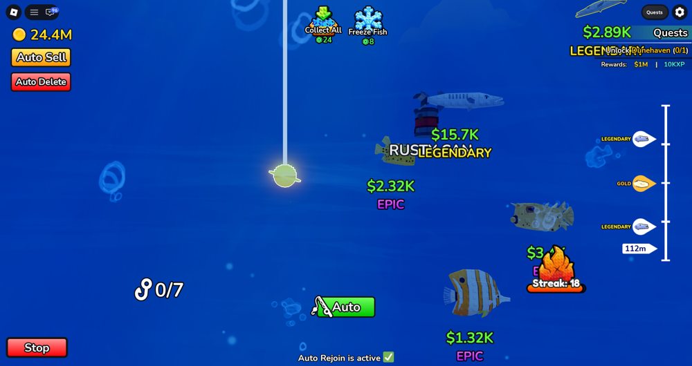 Deep Fishing underwater interface showing Auto and Auto Sell controls