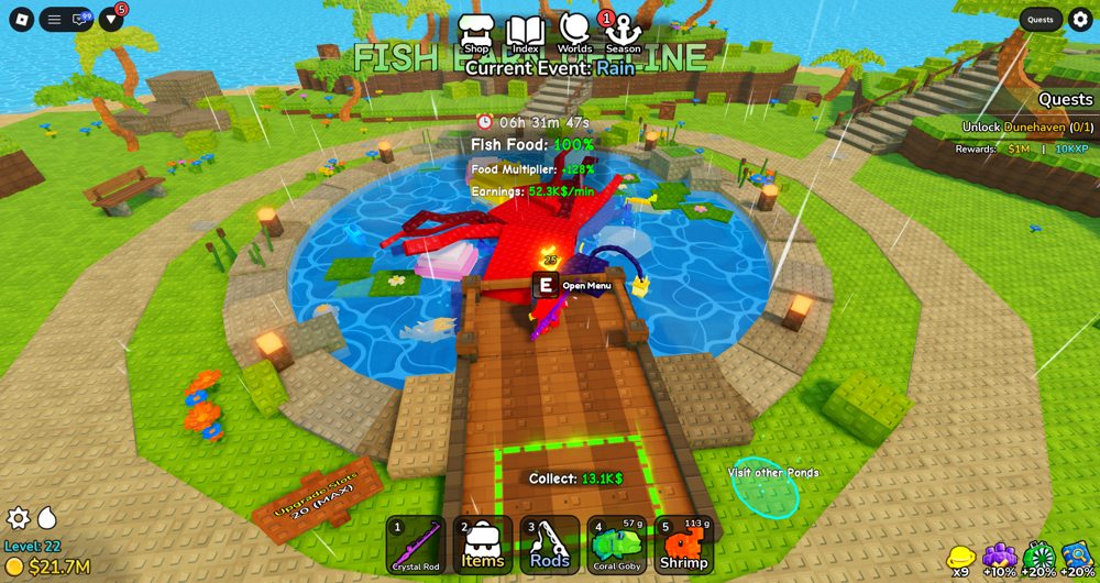 Deep Fishing fish pond with Collect prompt and Fish Food health status