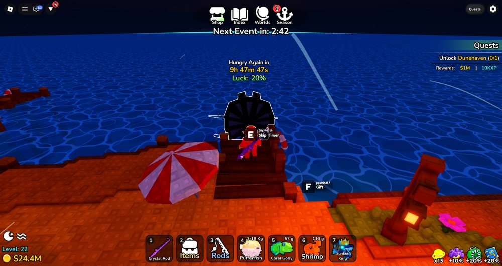 Deep Fishing pet near water with Luck bonus displayed