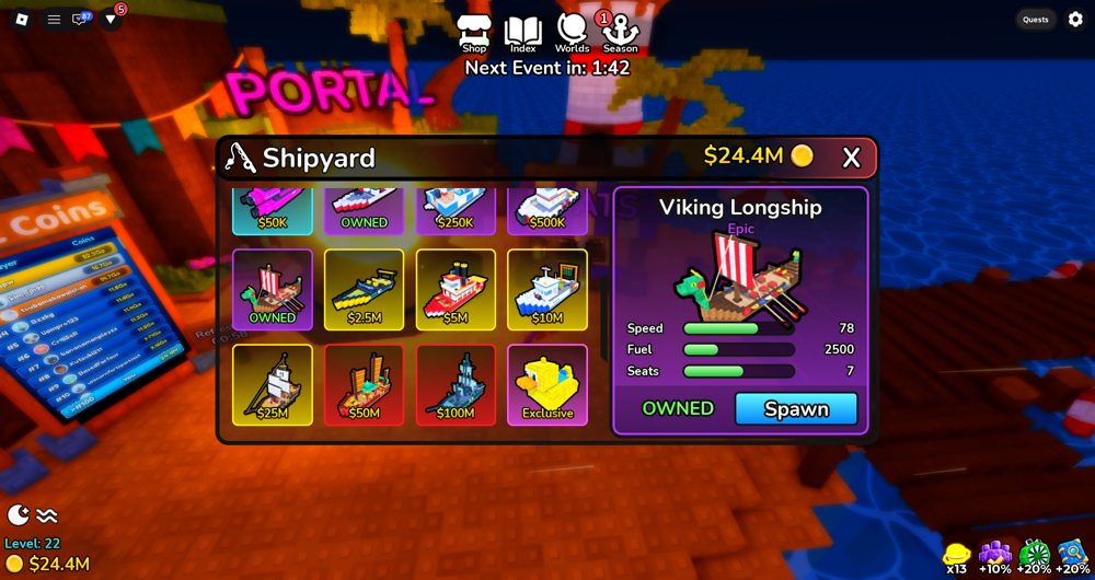 Deep Fishing Shipyard menu selecting a Viking Longship
