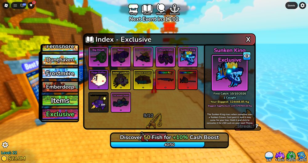 Deep Fishing Index Exclusive collection showing discovered fish and boost