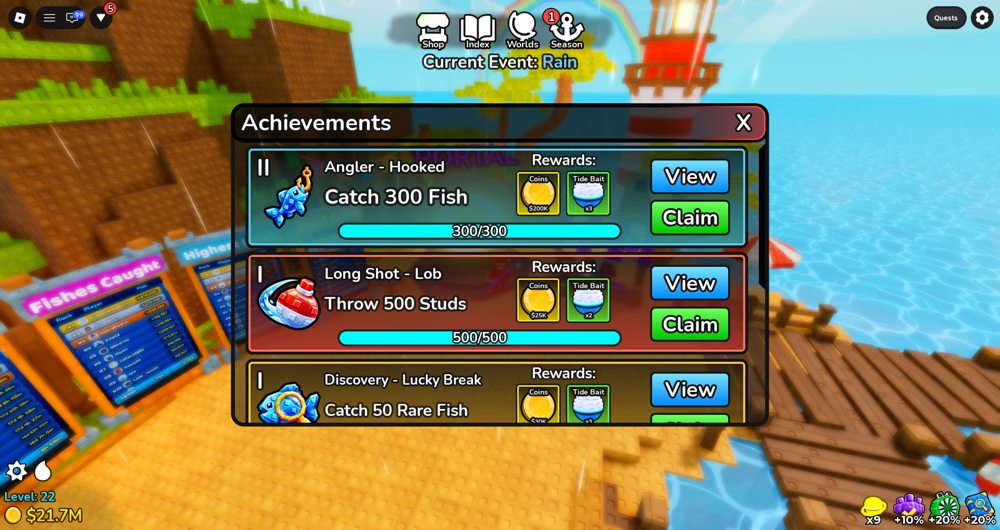 Deep Fishing achievements list with Catch 300 Fish and Throw 500 Studs challenges
