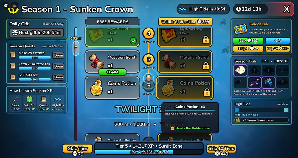 Deep Fishing Season 1 Sunken Crown pass showing quests rewards and free premium tracks