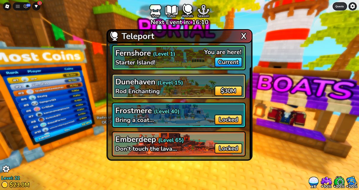 Deep Fishing teleport menu showing Fernshore level 1 Dunehaven level 15 $30M Frostmere level 40 Emberdeep level 65