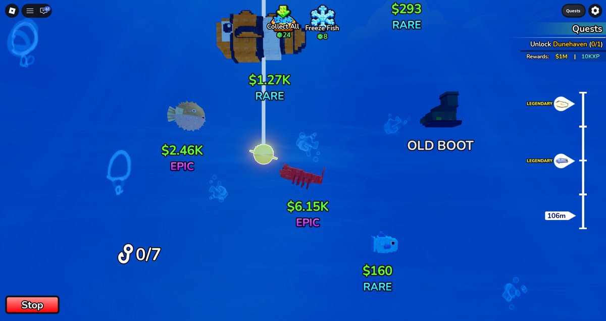 Underwater fishing in Deep Fishing, steering the hook between fish of different rarity and sell value