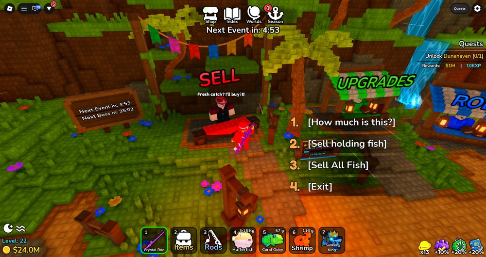 Deep Fishing SELL NPC menu with Sell holding fish and Sell All Fish options