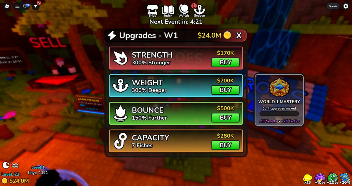 Deep Fishing upgrades menu Strength Weight Bounce and Capacity